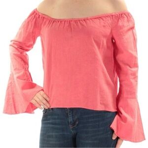 Buffalo David Bitton Blouse Sz XL Off Shoulder Bell Sleeves Linen Coral Cropped